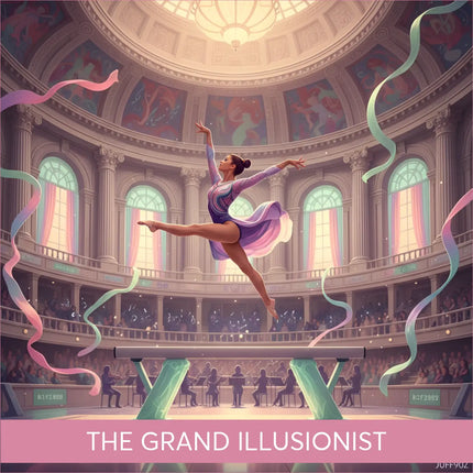 Gymnast in purple pink leotard splits on beam in Grand Illusionist Symphonic Gymnastics Floor Music