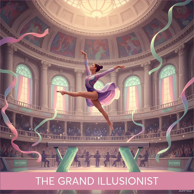 Gymnast in purple pink leotard splits on beam in Grand Illusionist Symphonic Gymnastics Floor Music