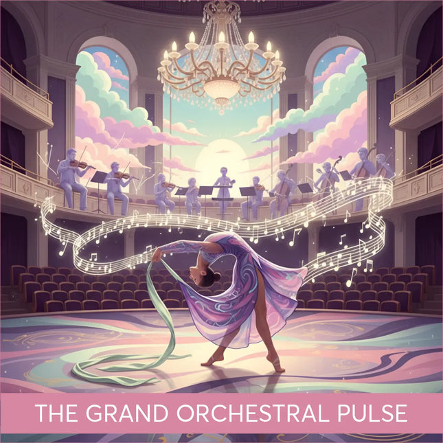 Dancer in purple blue swirling dress for Grand Orchestral Pulse gymnastics floor music
