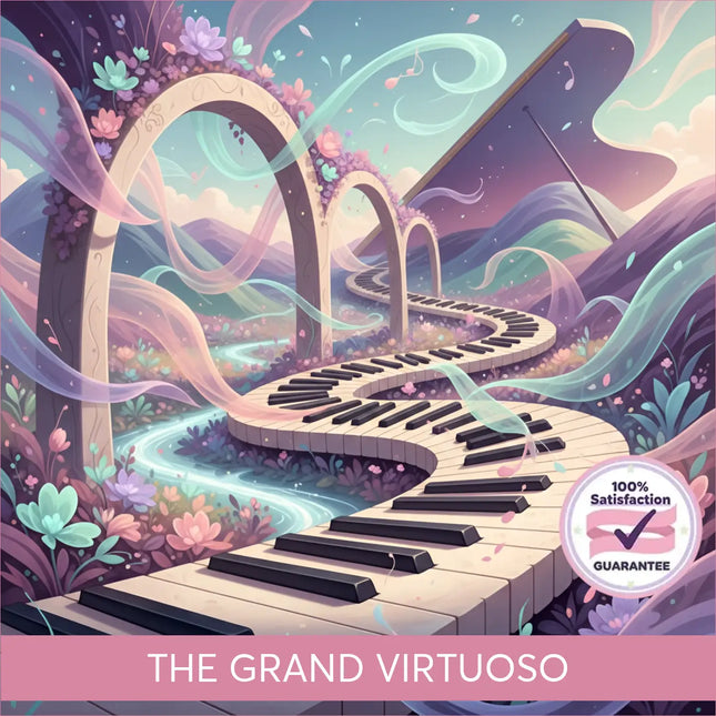 A whimsical winding piano keyboard pathway with pastel arches and ribbons in vibrant floral gymnastics floor music setting