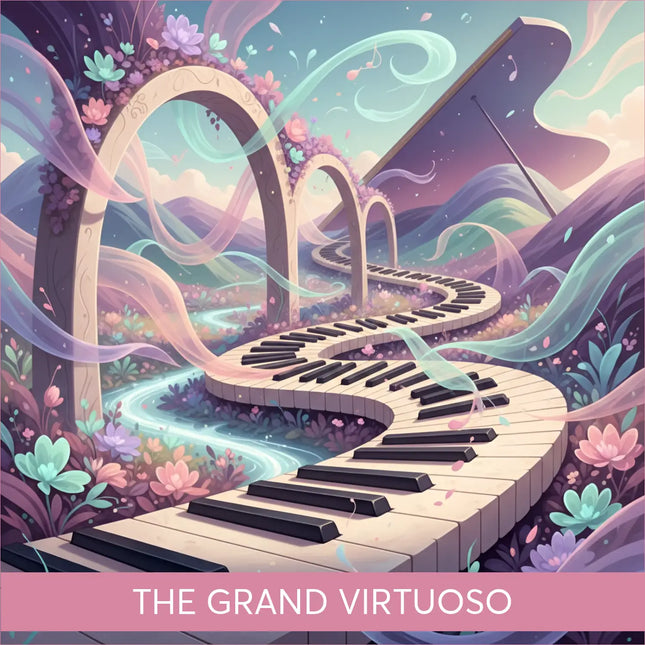 Whimsical piano keyboard path in Grand Virtuoso gymnastics floor music landscape