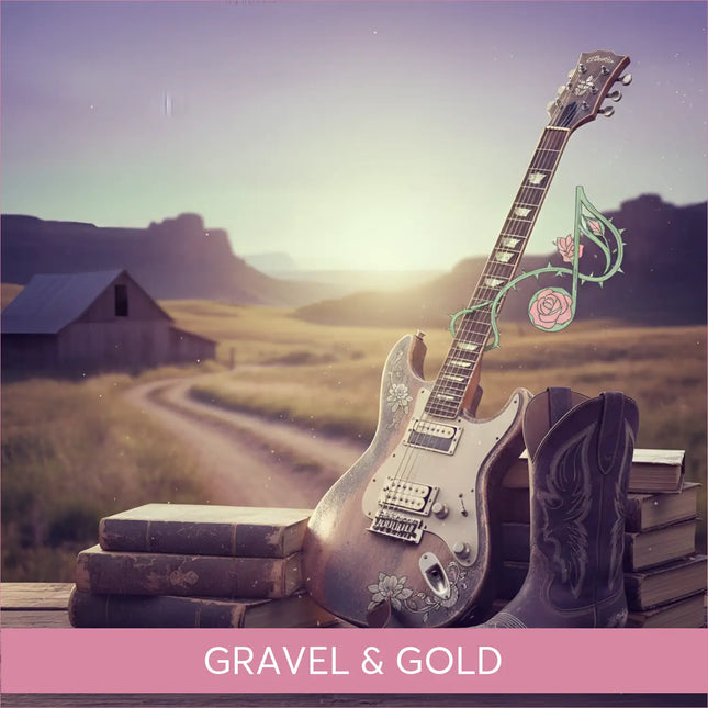 Vintage silver guitar with floral inlays by cowboy boots on books for Gravel & Gold country rock gymnastics floor music