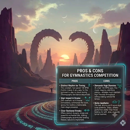 A futuristic glowing blue pros and cons chart for gymnastics competition with cinematic grid runner floor music background