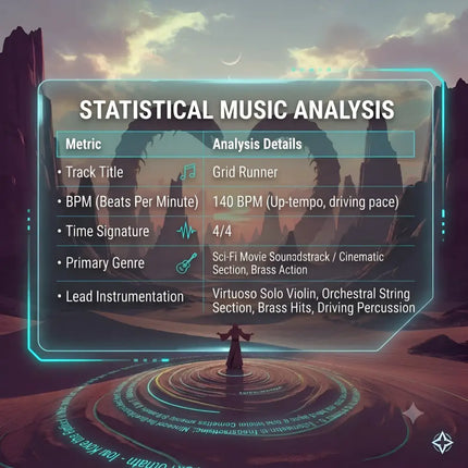 A futuristic digital panel with glowing teal borders showing cinematic grid runner gymnastics floor music stats