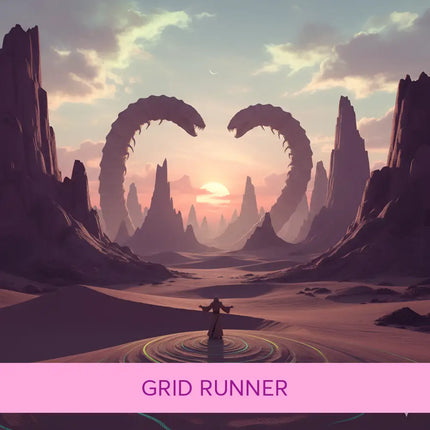 A lone figure stands in a desert at sunset with glowing circles perfect for grid runner cinematic gymnastics floor music