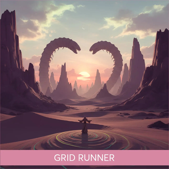 A lone figure stands in a desert at sunset with glowing circles perfect for grid runner cinematic gymnastics floor music