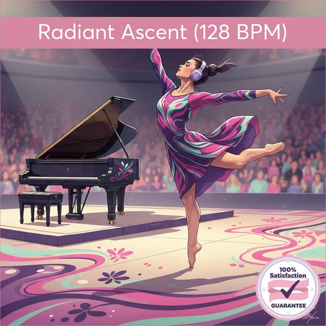 Dancer in flowing pink purple dress dances to gymnastics floor music by grand piano