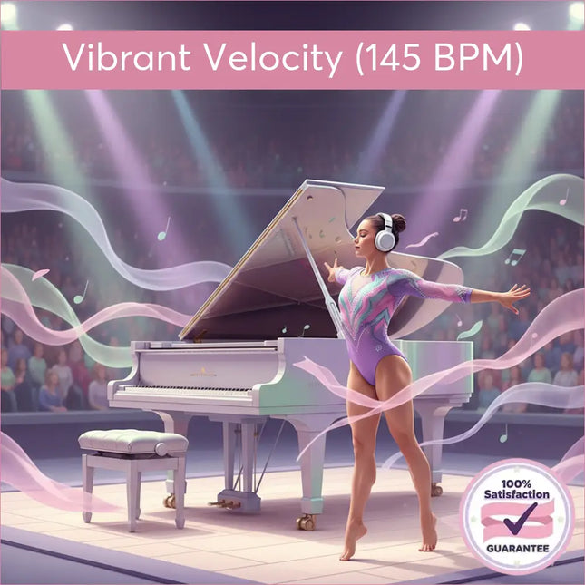 Woman in purple leotard by grand piano for gymnastics floor music track