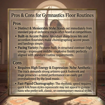 A framed poster featuring a gymnast mid-air in front of an arched window for gypsy flare balkan gypsy brass gymnastics floor music