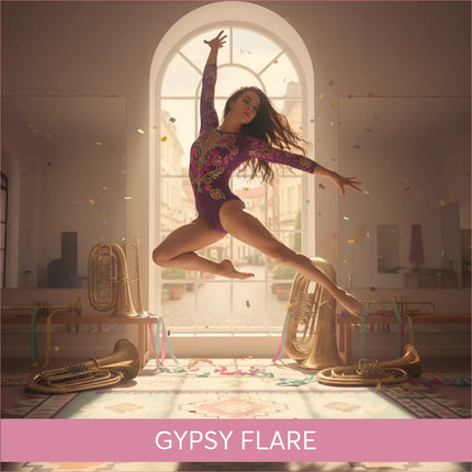 A purple gymnast leotard with intricate gold embroidery and long sleeves perfect for gypsy flare gymnastics floor music routines