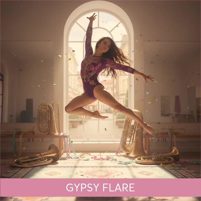 A purple gymnast leotard with gold embroidery and long sleeves perfect for gymnastics floor music like balkan gypsy brass gypsy flare