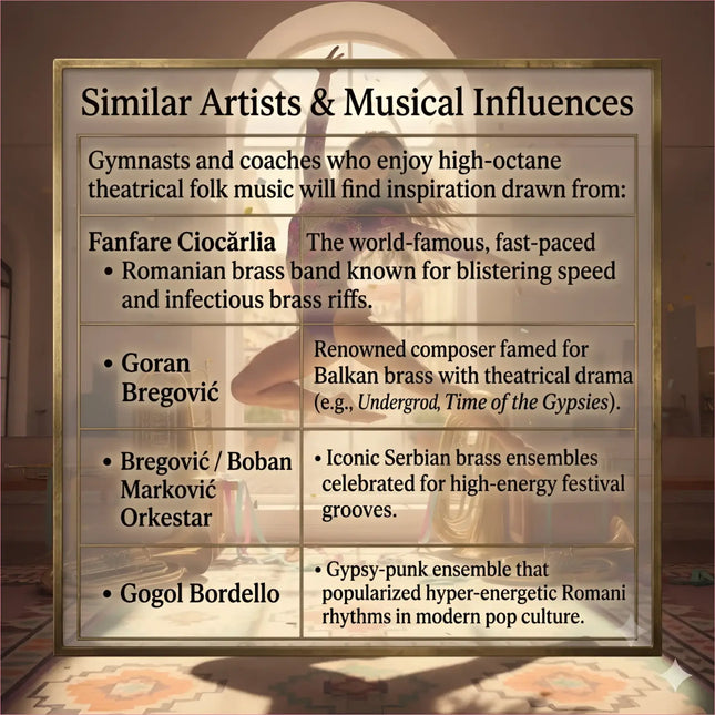 A framed poster with a gold border shows bold text about similar artists for gypsy flare balkan gypsy brass gymnastics floor music