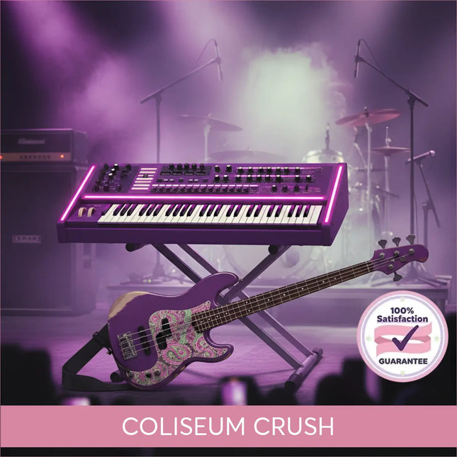 Purple neon-lit keyboard and paisley patterned bass guitar perfect for hard rock gymnastics floor music and arena rock vibes