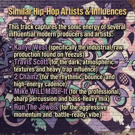 A colorful graffiti mural on a brick wall listing hip-hop artists and influences for gymnastics floor music