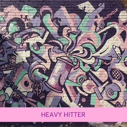 A vibrant graffiti mural on a brick wall with pink teal and purple spray cans for hip-hop gymnastics floor music