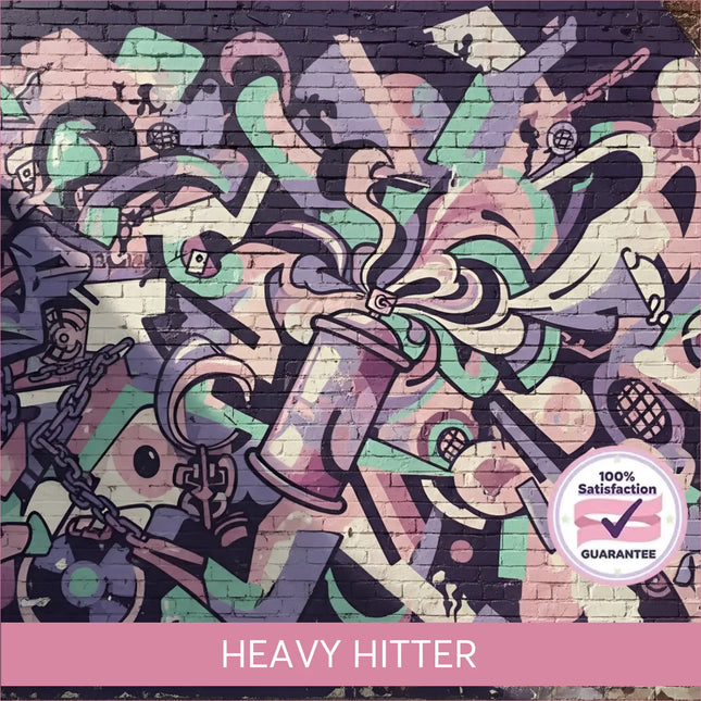 A vibrant graffiti mural on a brick wall with pink teal and purple spray cans for hip-hop gymnastics floor music
