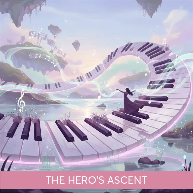 Woman on lyrical piano gymnastics floor music bridge over glowing water