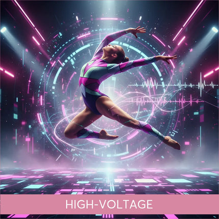 Futuristic gymnast in techno leotard mid-air on EDM gymnastics floor