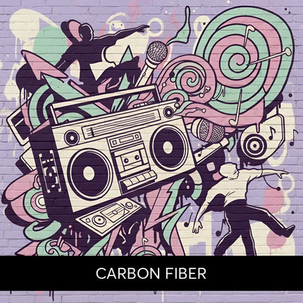 A black-and-white stylized vintage boombox illustration for carbon fiber hip hop gymnastics floor music products