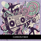 A black-and-white stylized vintage boombox illustration for carbon fiber hip hop gymnastics floor music products