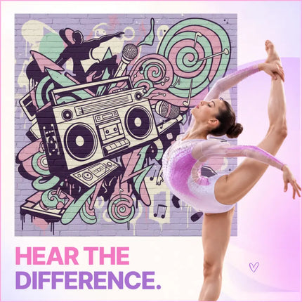 A gymnast in a sparkling lavender leotard performs a split on a gymnastics floor for hip-hop gymnastics floor music carbon fiber