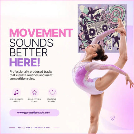 A gymnast in a sparkling white and purple leotard performs an elegant split on hip-hop gymnastics floor music carbon fiber
