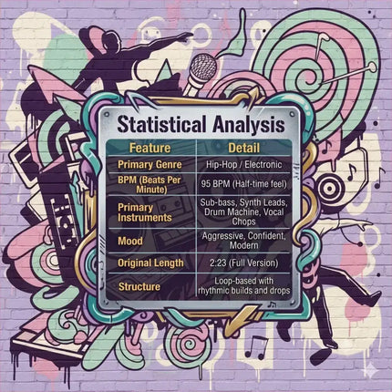 Metallic silver plaque with teal border showing statistical analysis table for carbon fiber hip-hop gymnastics floor music