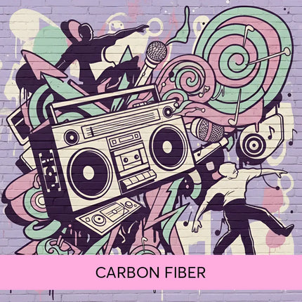 A black-and-white stylized vintage boombox illustration for carbon fiber hip hop gymnastics floor music products