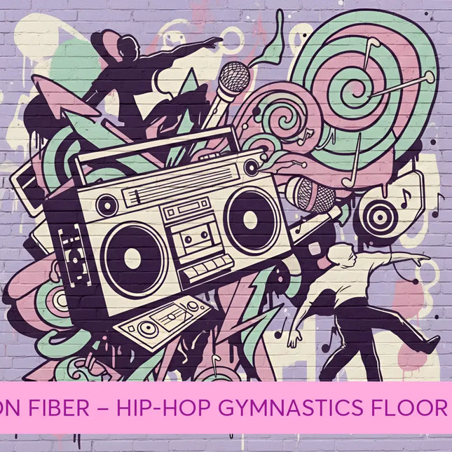 A black-and-white stylized vintage boombox illustration for carbon fiber hip hop gymnastics floor music products