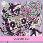 A black-and-white stylized vintage boombox illustration for carbon fiber hip hop gymnastics floor music products