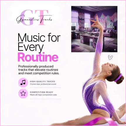 Purple and silver glitter gymnastics leotard with high-cut design perfect for cinematic hip-hop gymnastics floor music routines