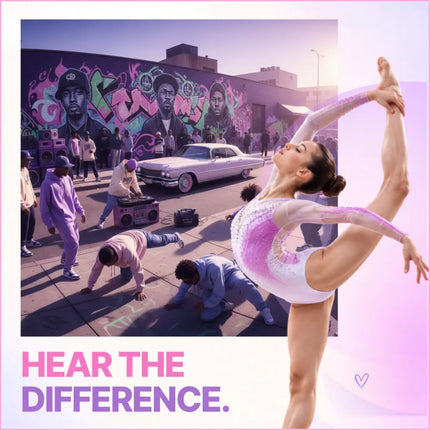 A dancer in a white and pink leotard performs an elegant split for hip-hop gymnastics floor music gridiron grind