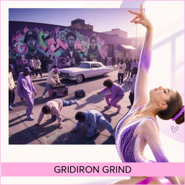 A shimmering purple and pink leotard with sparkling details perfect for hip-hop gymnastics floor music routines