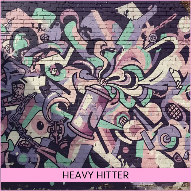 A vibrant graffiti mural on a brick wall with pink teal and purple spray cans for hip-hop gymnastics floor music