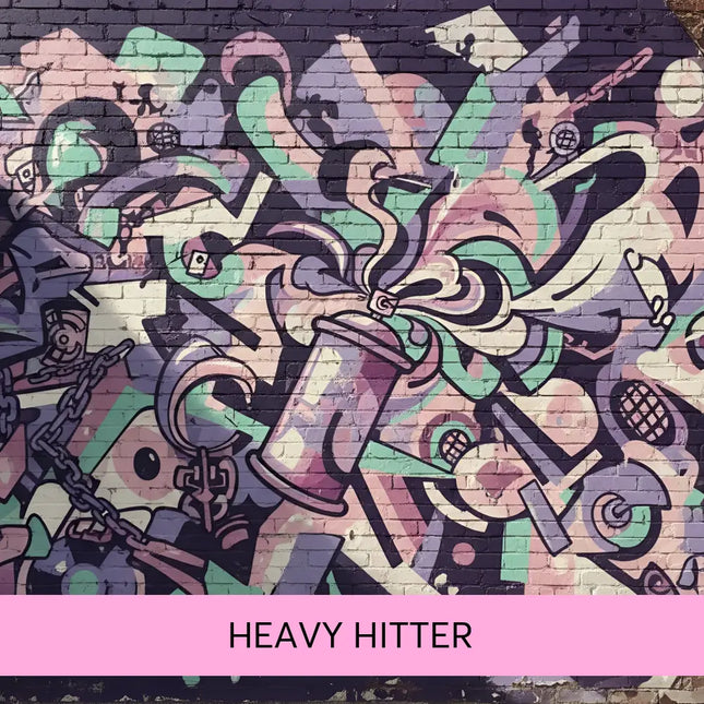 A vibrant graffiti mural on a brick wall with pink teal and purple spray cans for hip-hop gymnastics floor music