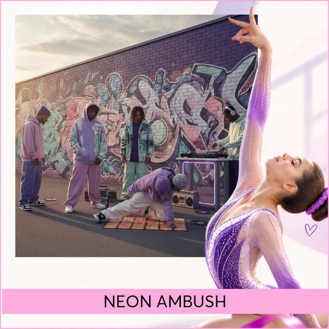 Purple and pink gradient sparkly leotard with sheer mesh overlay perfect for hip-hop gymnastics floor music routines