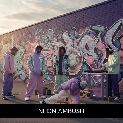Purple and teal graffiti-covered brick wall background for neon ambush hip-hop gymnastics floor music cover art