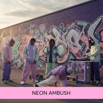 Purple and teal graffiti-covered brick wall background for neon ambush hip-hop gymnastics floor music cover art