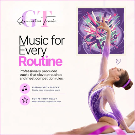 An athlete wearing a shimmering purple and silver sequined gymnastics leotard performing to hip-hop gymnastics floor music neon hustle