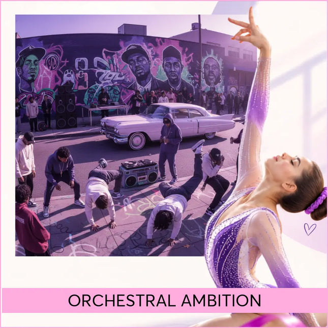 A shimmering purple and white sequined gymnastics leotard with long sleeves perfect for hip-hop gymnastics floor music routines