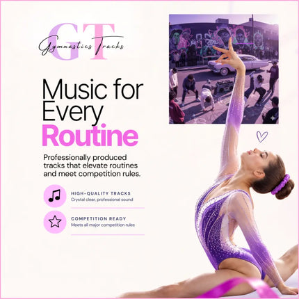 A shimmering purple and silver sequined gymnastics leotard worn during a hip-hop gymnastics floor music performance