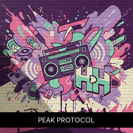 Vibrant graffiti mural with teal and purple boombox for peak protocol hip-hop gymnastics floor music product