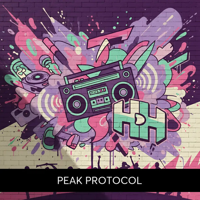 Vibrant graffiti mural with teal and purple boombox for peak protocol hip-hop gymnastics floor music product