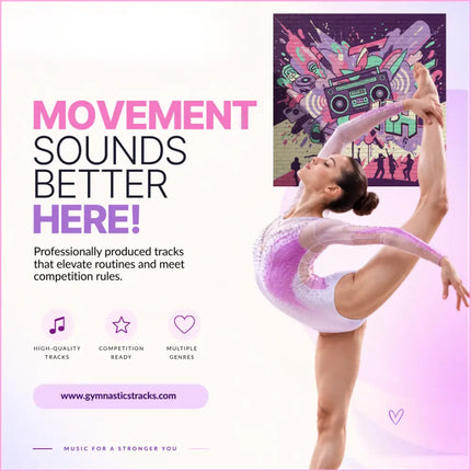 A gymnast in a sparkling white and pink leotard performs an elegant split alongside hip hop gymnastics floor music peak protocol
