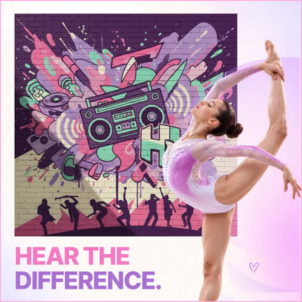 A dancer in a lavender and white leotard does a split on a gymnastics floor with vibrant hip-hop music vibes