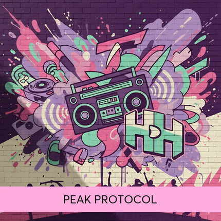 Vibrant graffiti mural with teal and purple boombox for peak protocol hip-hop gymnastics floor music product