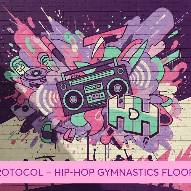 Vibrant graffiti mural with teal and purple boombox for peak protocol hip-hop gymnastics floor music product