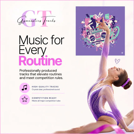 A shimmering purple and silver glitter gymnastics leotard with sheer mesh perfect for hip-hop gymnastics floor routines