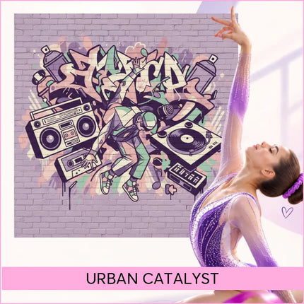 A shimmering purple and white leotard with sparkling arms perfect for hip-hop gymnastics floor music routines urban catalyst