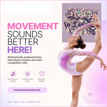 A gymnast in a sparkling white and purple leotard performs an elegant split for hip-hop gymnastics floor music urban catalyst
